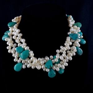 Diana Venezia pearl and turquoise necklace with ornate sterling silver clasp